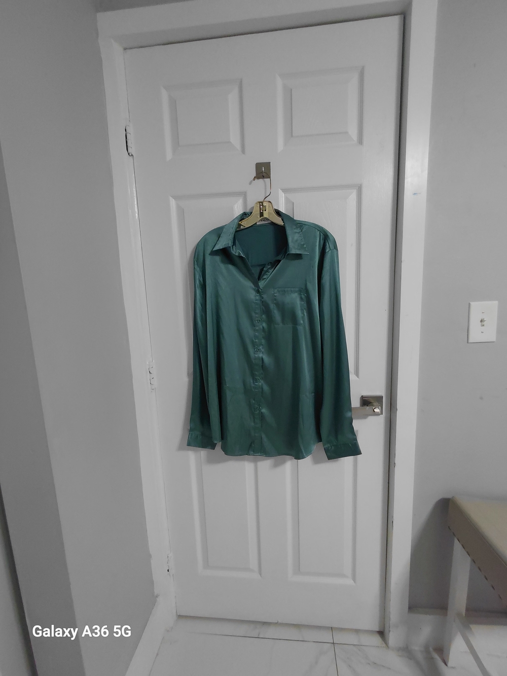 Woman Teal Satin Long-Sleeve Shirt